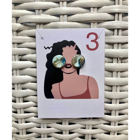 Hand Made | Blue & Gold Flake Polymer Clay Circle Stud Earrings | Set of Studs | - Picture 3 of 6